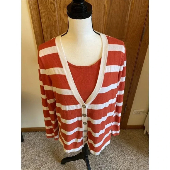 Elementz Button Up Sweater Women's Orange White Striped Attached Tank XL - Picture 2 of 8